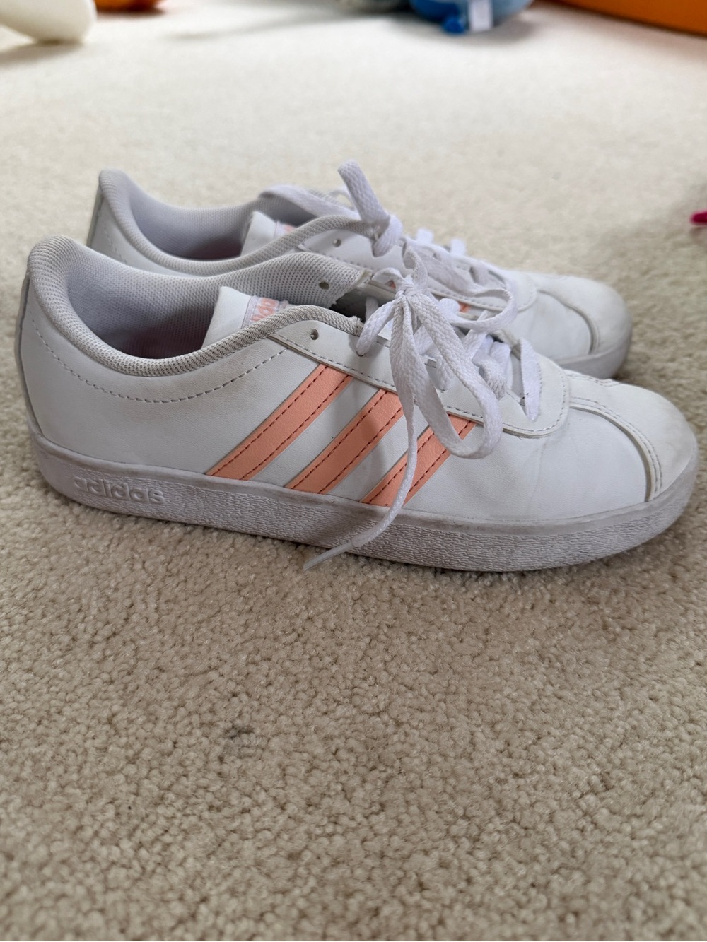 Adidas Kids White Sneakers with Peach Stripes